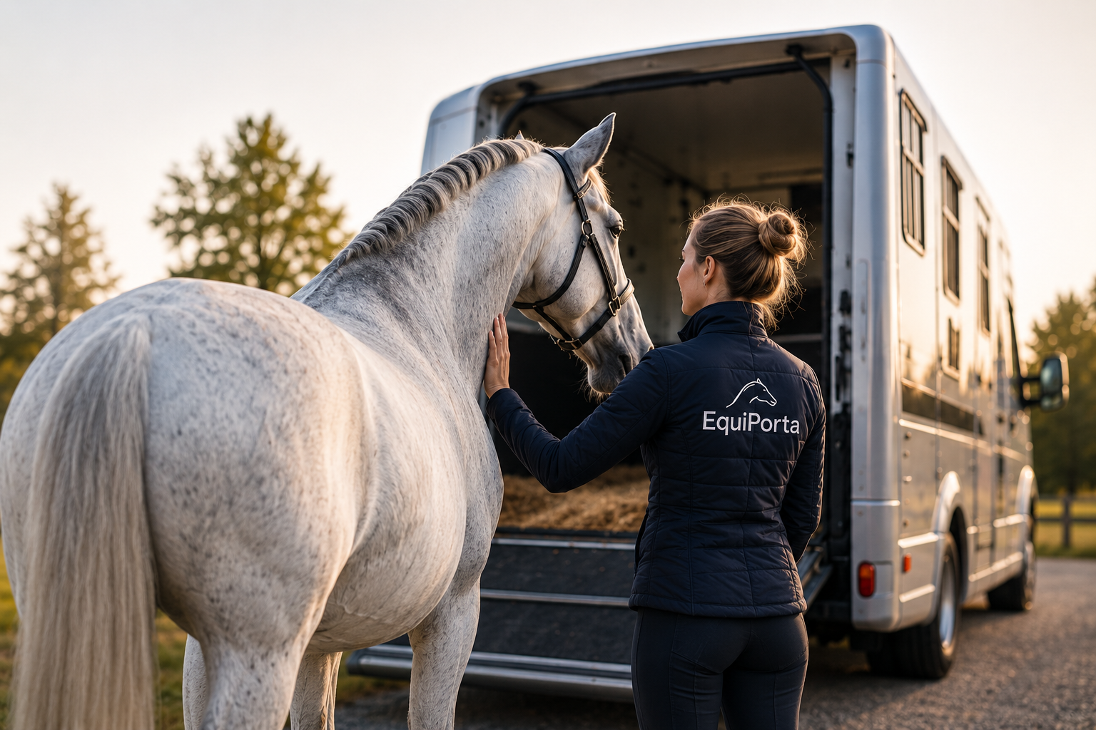 Begeleider met een paard bij een professionele paardentransporter
